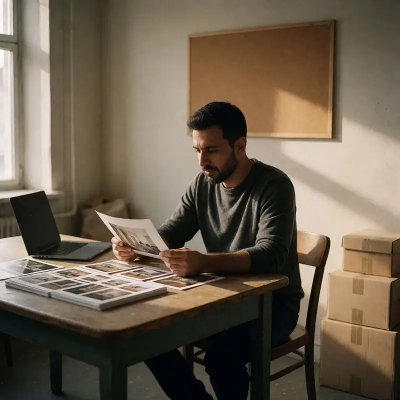 An Etsy seller studies printed images to confirm originality before listing products.