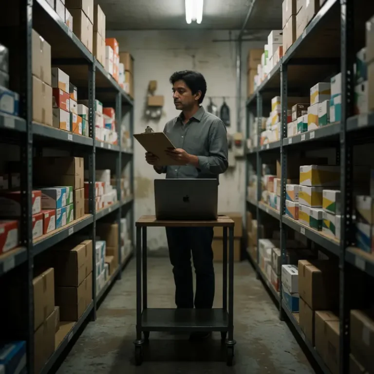 Google Sheets vs Airtable for inventory tracking cover image of a shop owner in a stockroom aisle facing shelves and cartons, holding a closed clipboard.