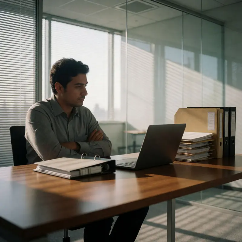 A manager reviews organized folders and a closed binder in a quiet back office.