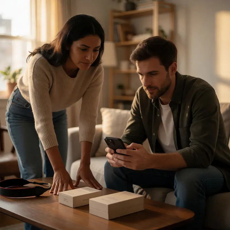 Two people compare a physical product to a phone while unpacking items in a softly lit room.