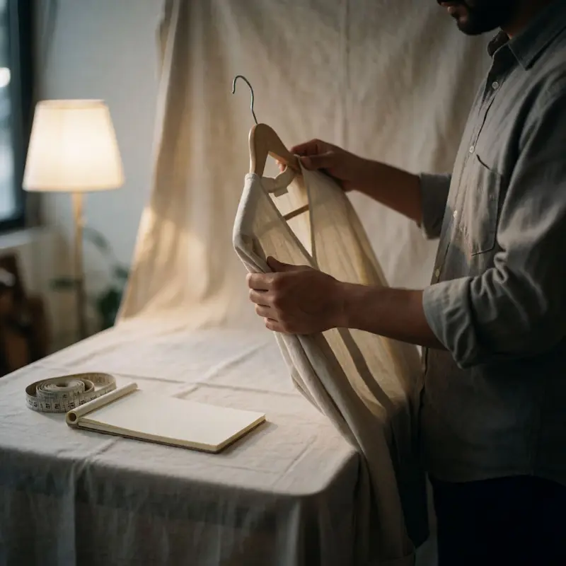 A shop owner inspects a garment's details under soft studio lighting.