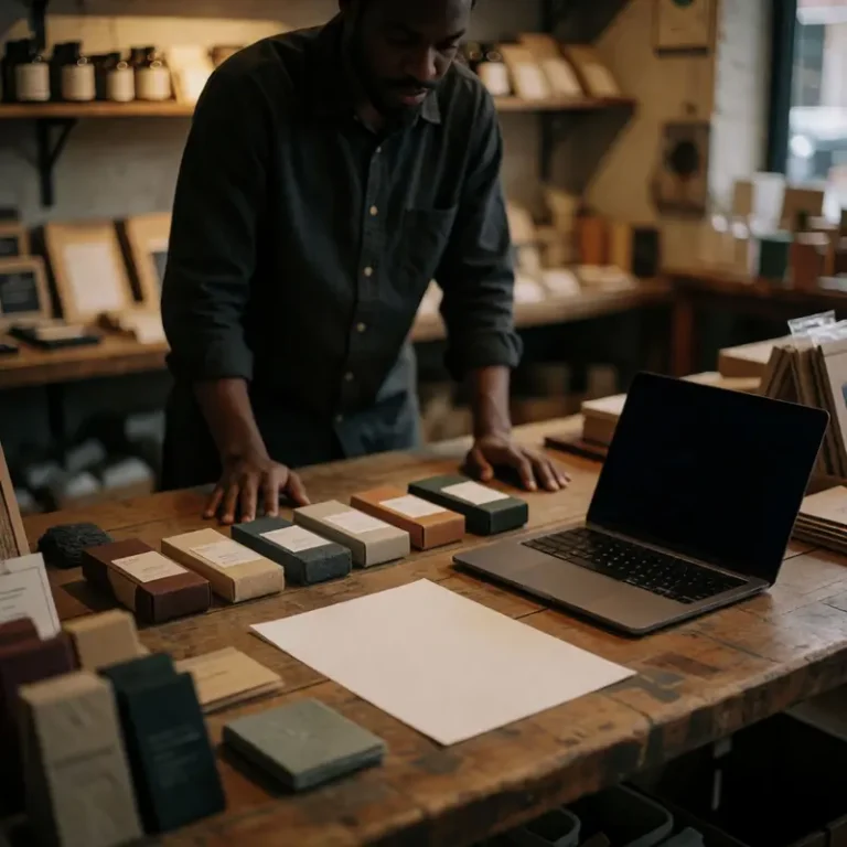 Indie shop owner at a worktable reviewing products to prevent product feed data errors that disrupt AI feed optimization.