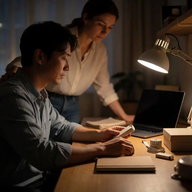 A home office scene shows careful handling of product samples and photo props for iterative listing updates.