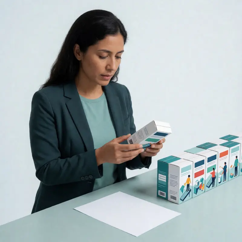 A shop owner inspects product packaging for missing barcode identifiers.