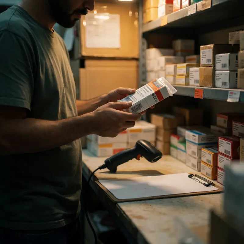 A shop owner inspects a product package barcode in a small stockroom.