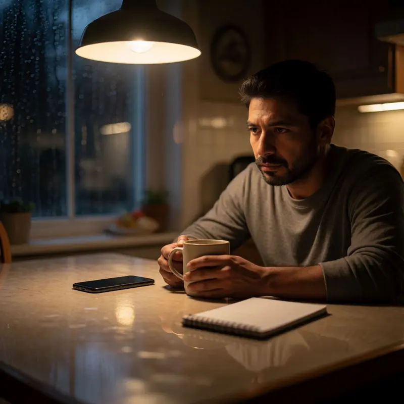 A tired operator pauses at a kitchen table, capturing the human cost of incidents.