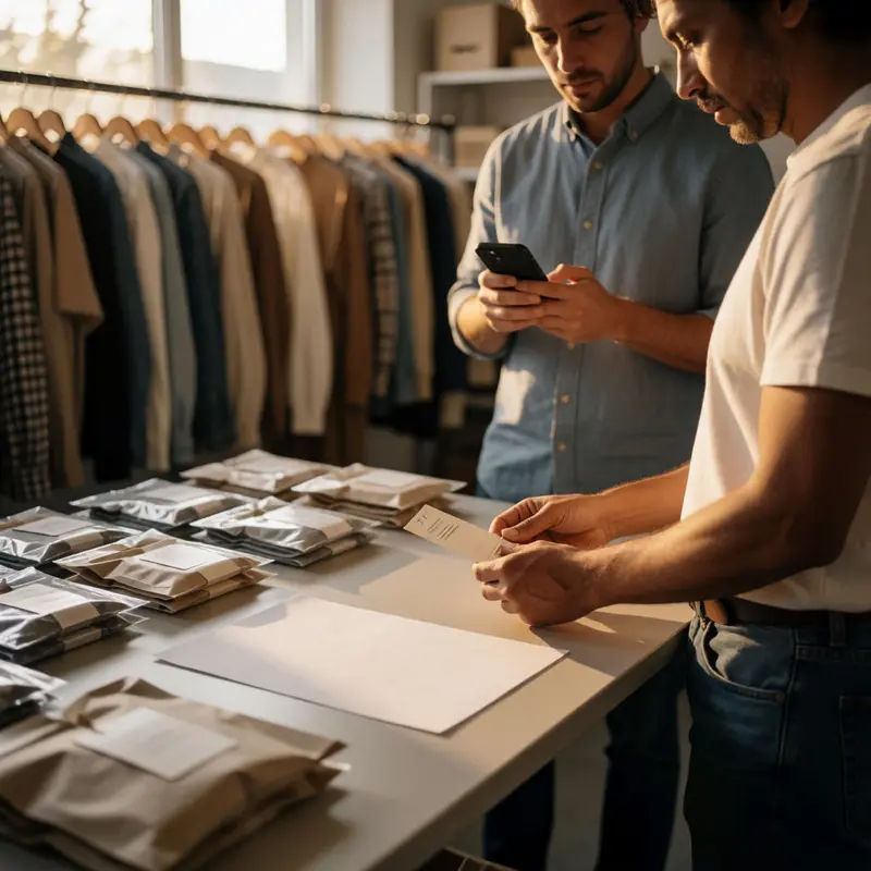Two teammates inspect a product package and tag to ensure consistent details across systems.