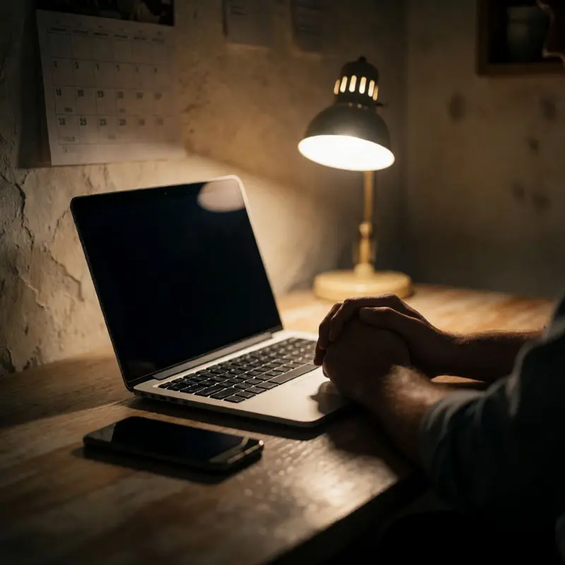 A shop owner sits after hours at a desk facing a dark laptop screen.