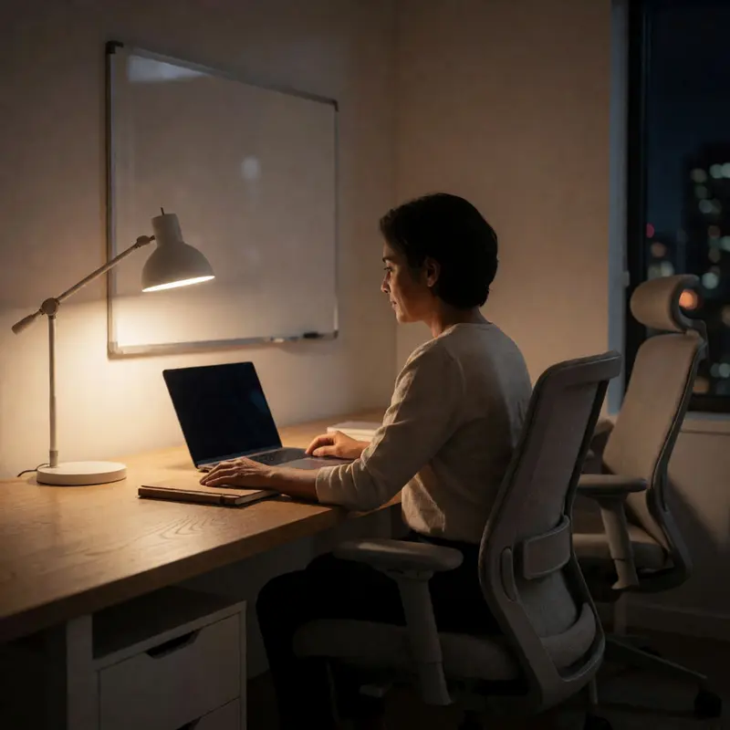A quiet end-of-day desk scene focused on confirming feed re-ingestion and eligibility.