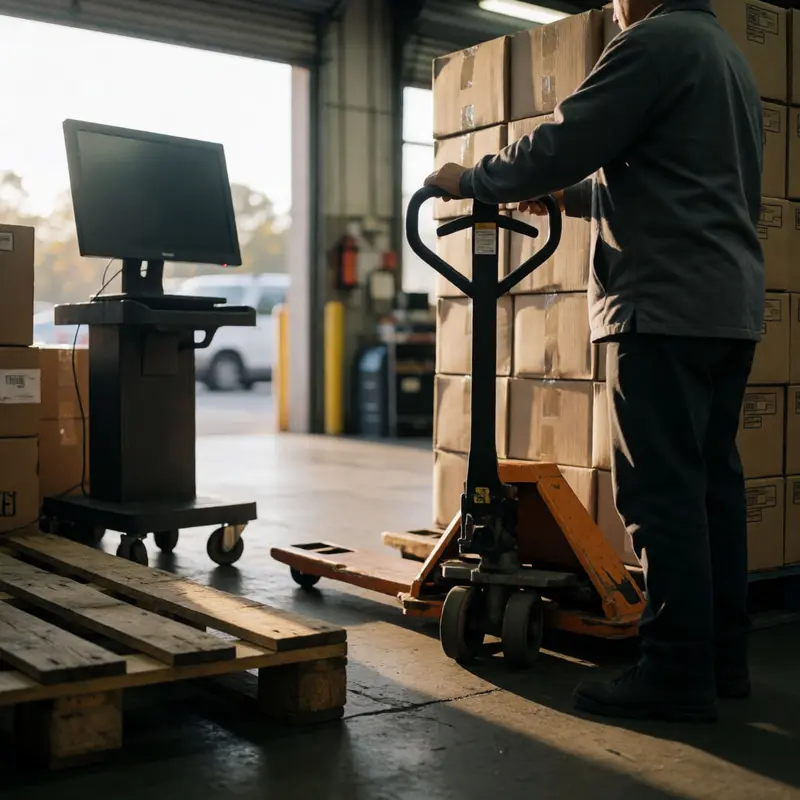 A storesperson pauses at receiving with cartons and a pallet jack in view.
