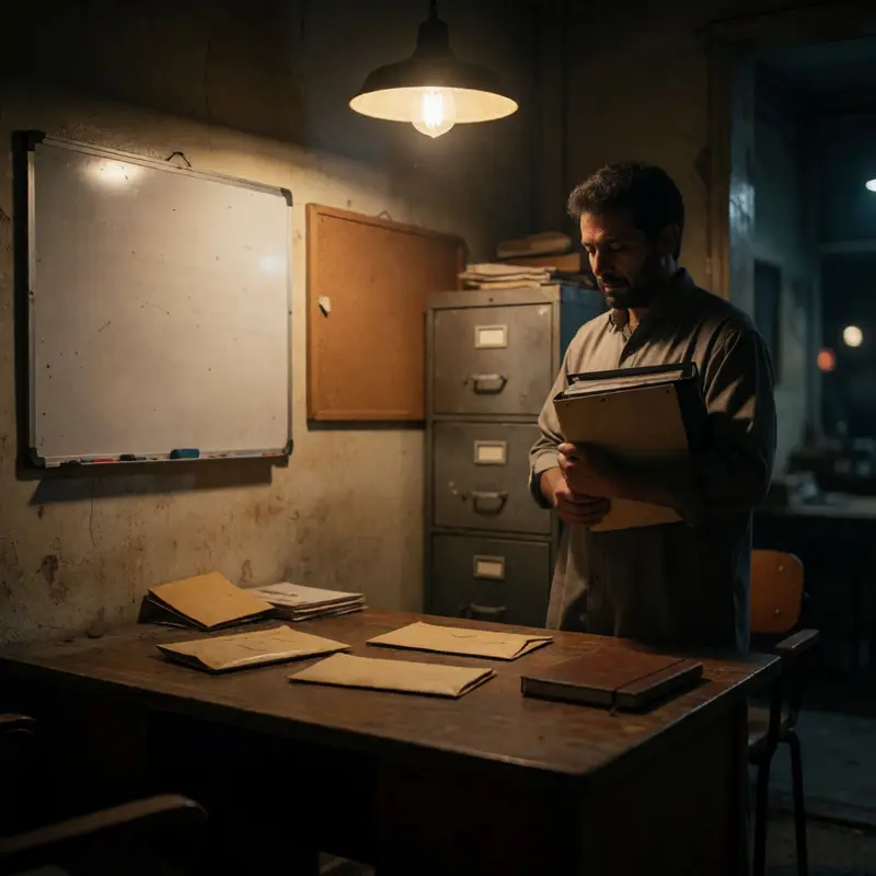 A shop owner holds a binder in a quiet back office, emphasizing traceability during a tense moment.
