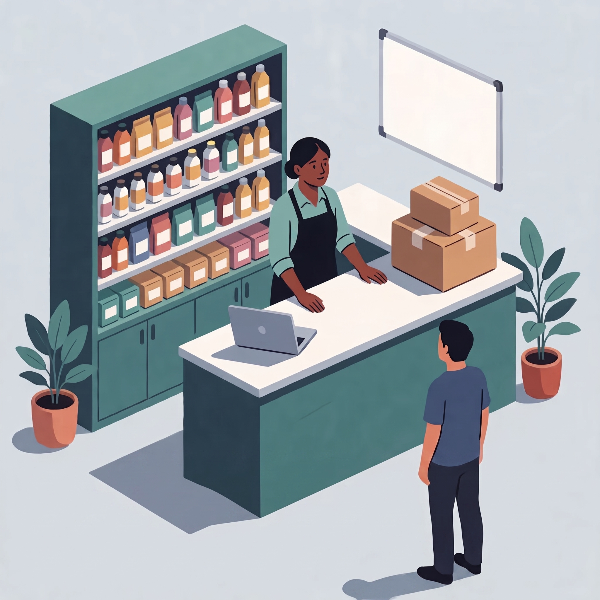 An indie shop owner stands at the counter with products and shipping boxes nearby.