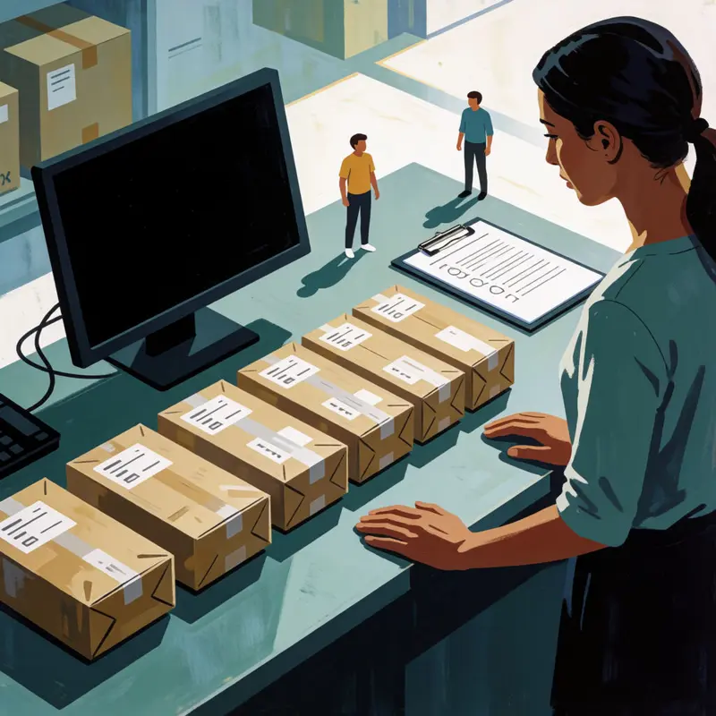 A dispatch counter with queued parcels conveys the cost risk of strict processing compliance.