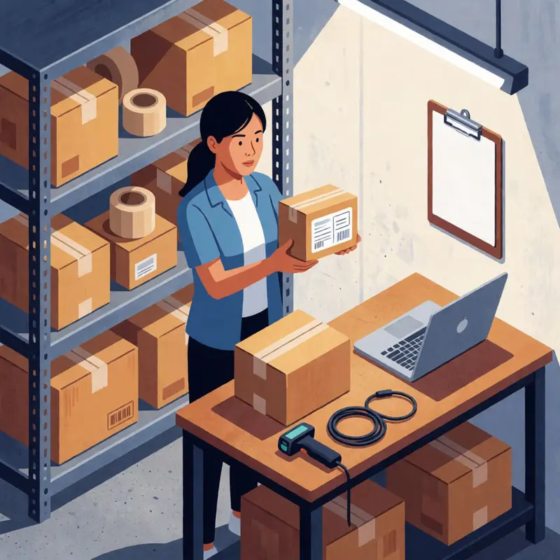 A shop owner inspects a parcel in a packing area while inventory tools sit idle nearby.