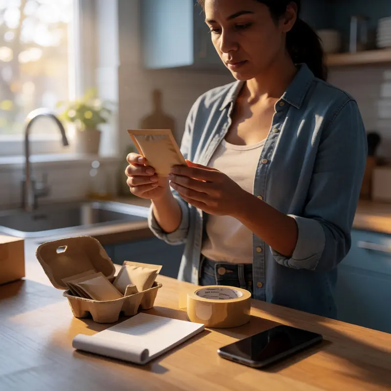 A seller pauses before adding a new product, inspecting a sample at the counter.