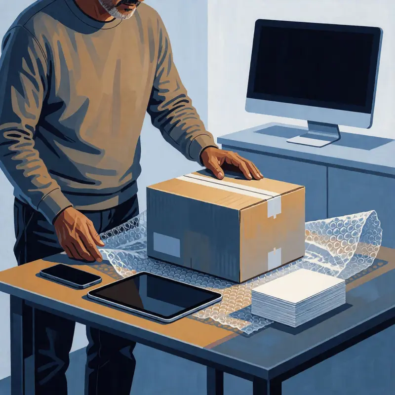 A seller prepares product materials at a packing station, weighing quick exports against extra handoffs.