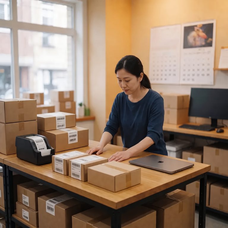 A shop owner stands at a packing table with organized products and supplies, preparing for upcoming platform changes.