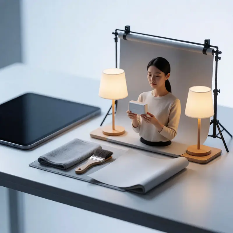 A seller holds a product near a simple photo setup to confirm clarity and cleanliness before uploading images.