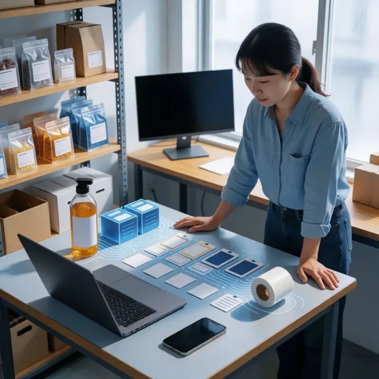 Indie EU seller at a packaging table with products and blank tags, preparing for EU AI listing labeling rules without showing any text.