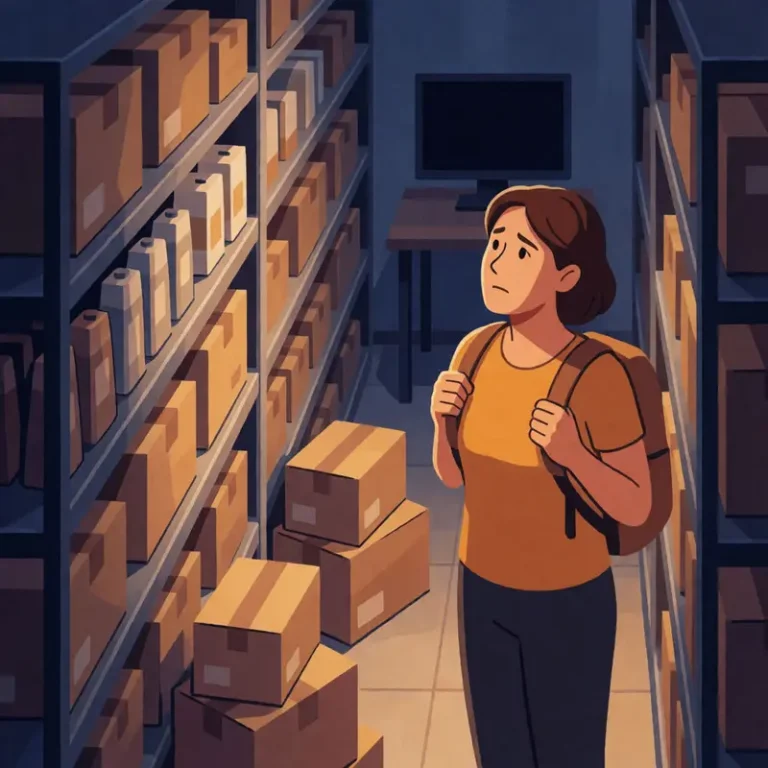 Shop owner in a cramped stockroom working to reduce low performing SKUs, surrounded by crowded shelves and stacked boxes.