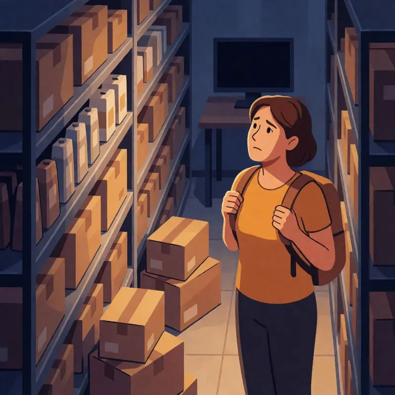 Shop owner in a cramped stockroom working to reduce low performing SKUs, surrounded by crowded shelves and stacked boxes.