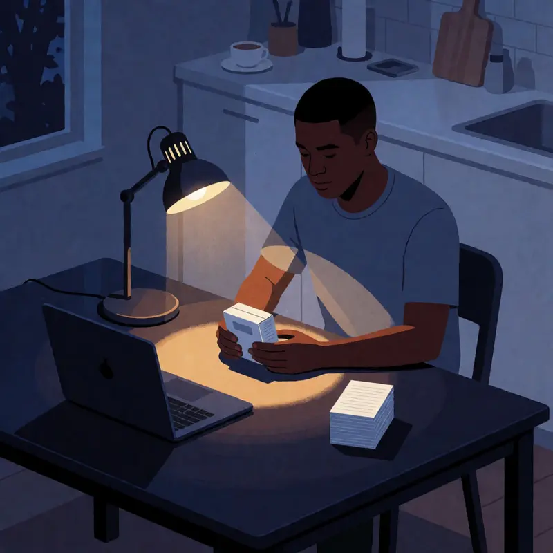 A seller examines a product package under a lamp to keep listing titles tight and consistent.