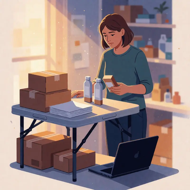 A shop owner compares similar products while sorting boxed inventory for a rationalization review.