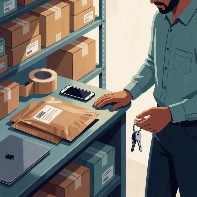 A shop owner pauses in the packing area with alerts muted and tools at rest.