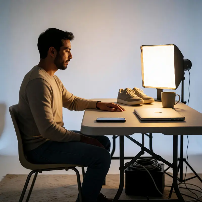 A reseller compares an on-the-go phone workflow with a desktop handoff setup in a compact workspace.