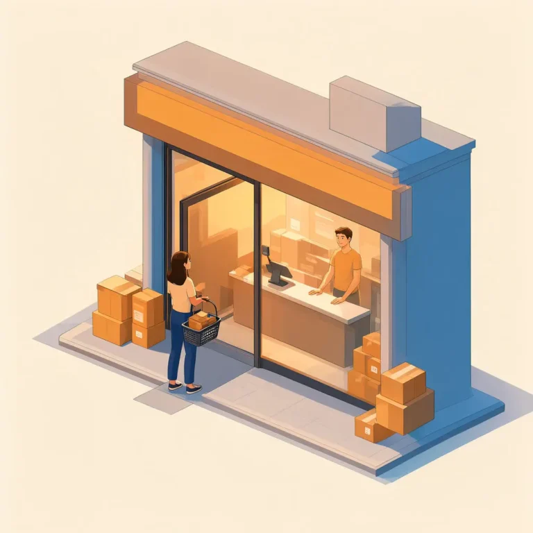 An open doorway to a counter shows guest checkout for ecommerce as a shopper steps inside.