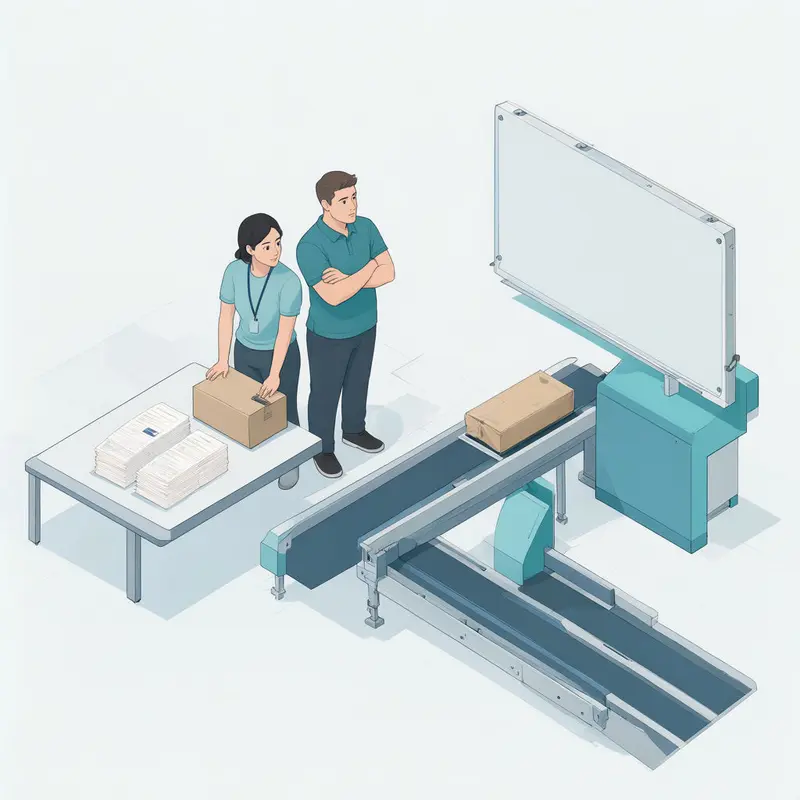 On a conveyor, ecommerce order automation monitoring verifies a missed order against a box.