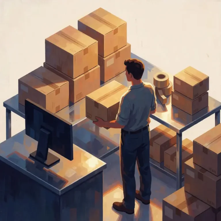 Shop owner in a fulfillment room representing DataFeedWatch product feed management, holding a sealed box with both hands near stacked unmarked packages.