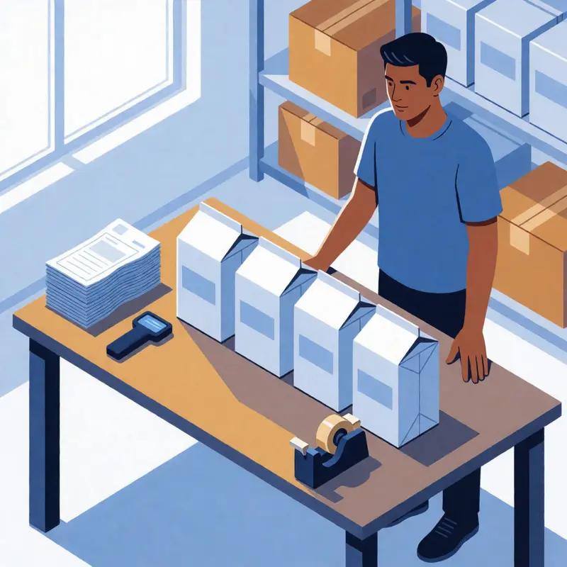 Four cartons line up, echoing Shopify catalog vs Channable scale and sync risk.