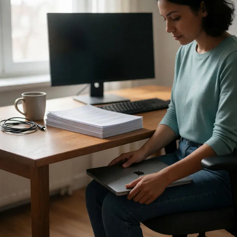 A shop owner reviews a stack of issue notes beside an inactive monitor in a quiet workspace.