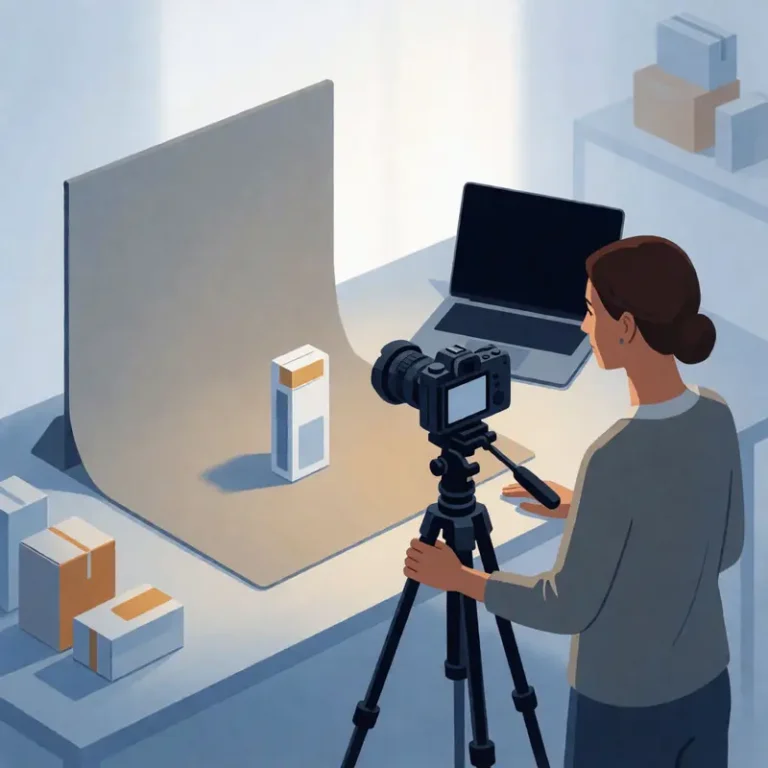 Indie seller preparing Google product studio listing images with a product on a neutral backdrop and a camera on a tripod.