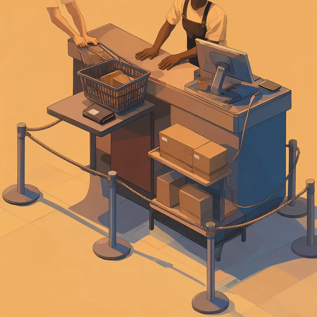 Rope barriers at a counter show guest checkout for ecommerce friction as a shopper waits.