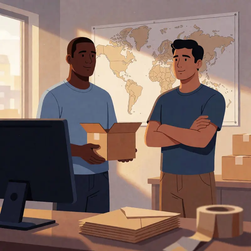 Two shop owners consider cross-border fulfillment details in a back office.