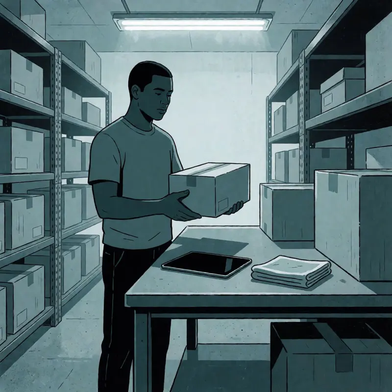 A shop owner checks a product box in the stockroom while tracing where incorrect details originate.