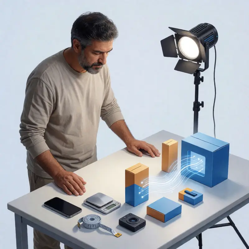 A seller checks physical photo setup details to avoid image overlays and file issues before uploading.