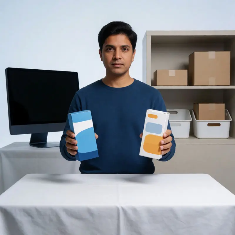 Indie shop owner in a photo workspace working to keep product photos in sync by comparing products side by side with consistent staging.