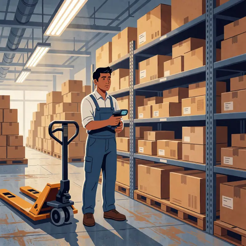 A shop owner surveys growing inventory volume in a warehouse aisle.