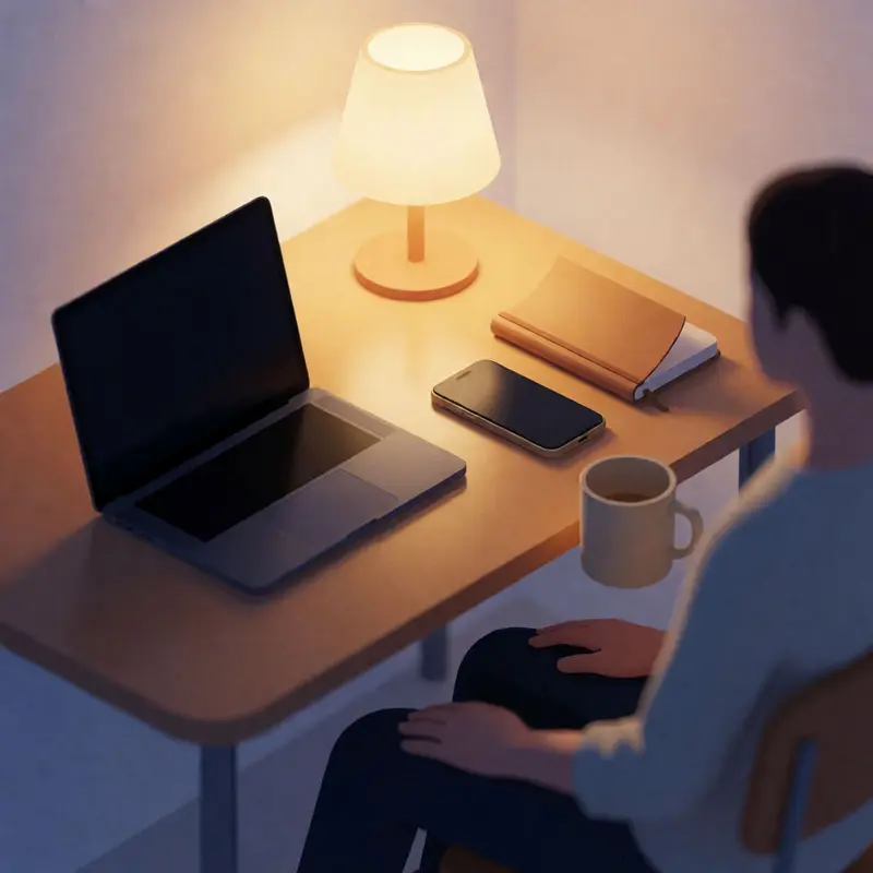 A late-night work setting where a shop owner pauses with devices turned off.
