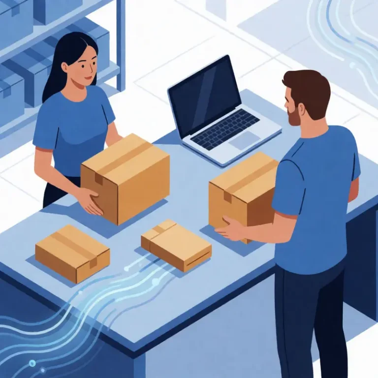 Two owners hold boxes while weighing Shopify catalog vs Channable for duplicate work.