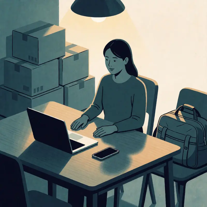 Shopify Flow automation cover image showing a woman seated at a table with hands flat near a closed laptop, with unmarked shipping boxes and a weekend bag nearby.