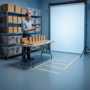 A shop owner organizes products and storage bins to keep a consistent physical mapping between items and their images.