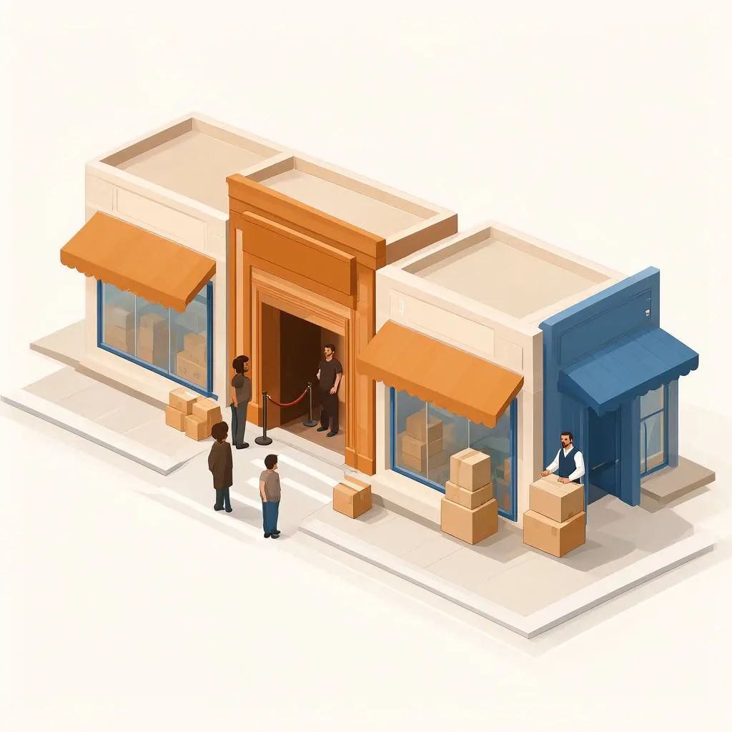 Shoppers test guest checkout for ecommerce at two storefront doors with parcels nearby.