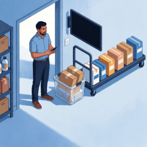 A shop owner checks an update while products are staged for quick replacement and consistent distribution.