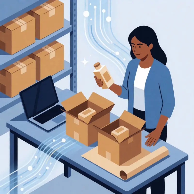 Boxes split as Shopify catalog vs Channable workflow choices sit on a packing table.