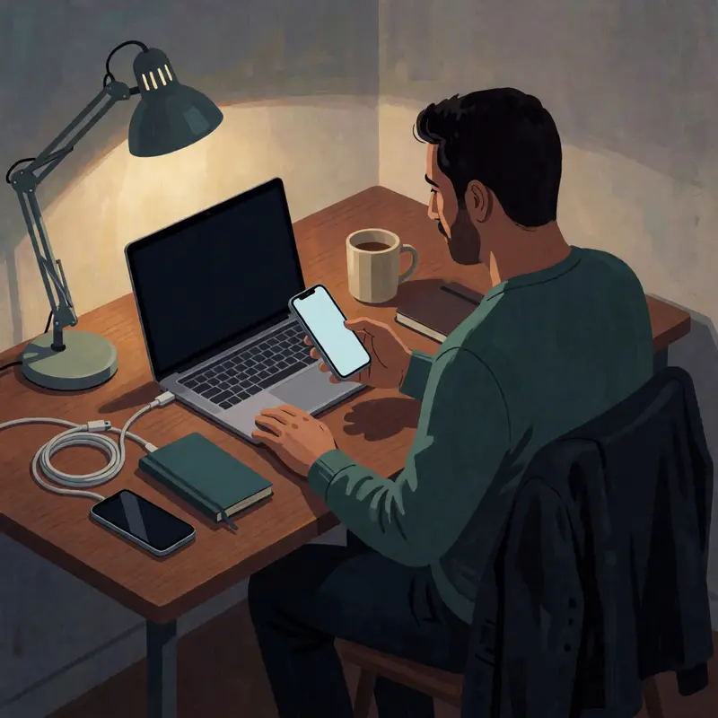 A shop owner pauses in a late-night workspace, checking a phone while the laptop sits ready.
