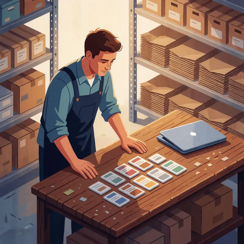 A shop owner reviews grouped product variants at a workbench in a quiet stockroom.